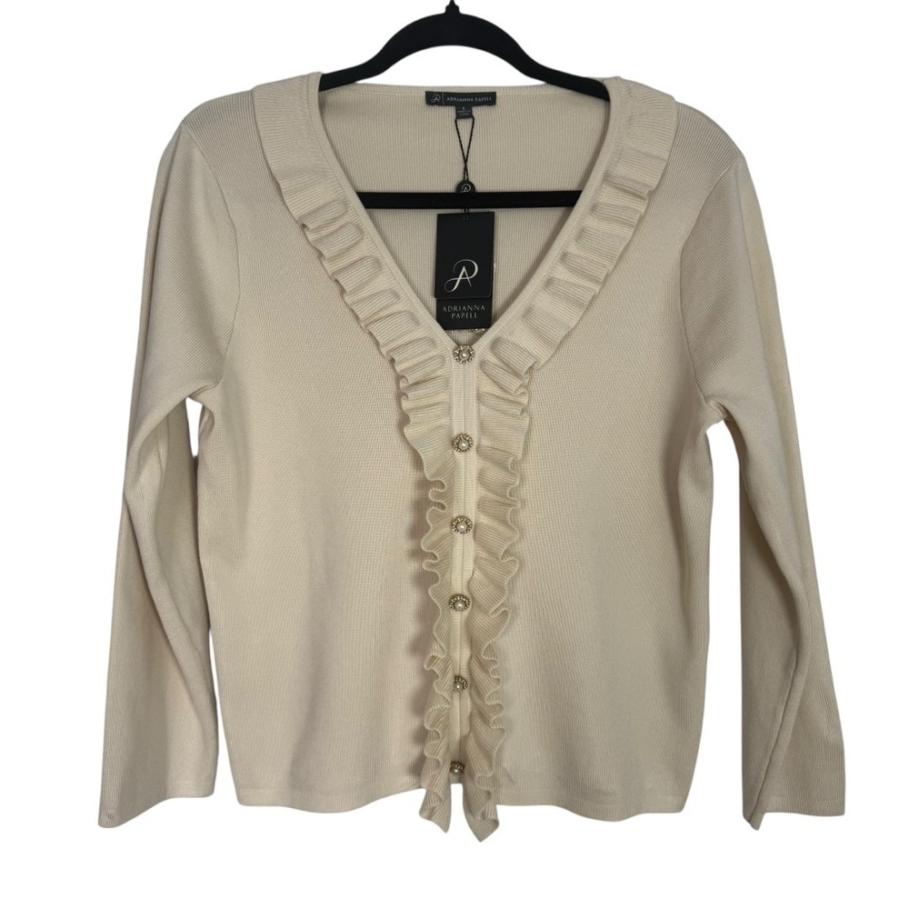 NWT Adrianna Papell Cream Ruffled Edge Button Up Small Cardigan